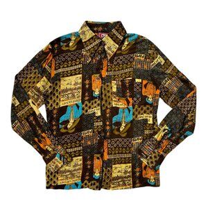 70s Vintage Novelty Print Collage Blouse Pointed Dagger Collar Women Patchwork.